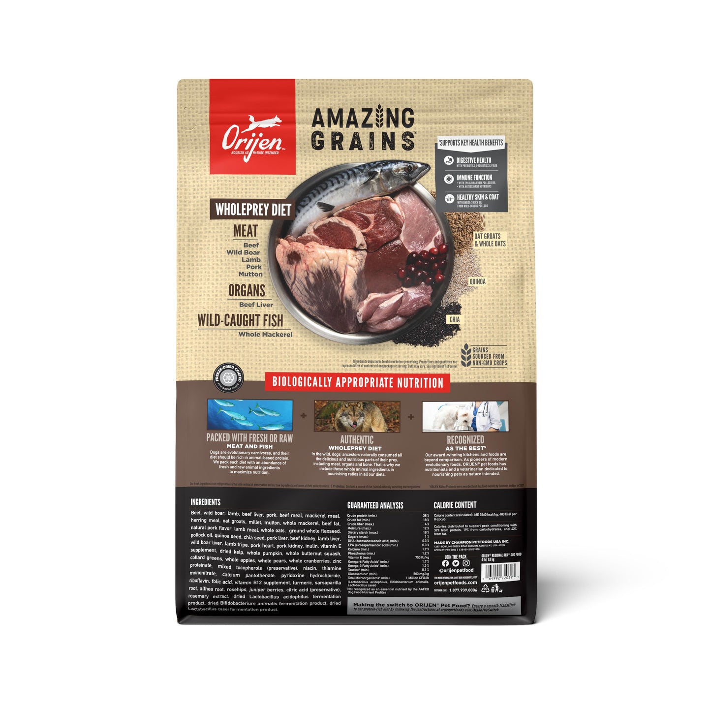 Orijen Amazing Grains Regional Red dog food package with images of raw meat and fish on a beige background