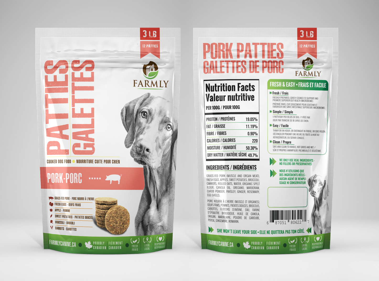 Farmly Gently Cooked Dog Food | Pork Formula | 3 lb Pack of 12 Patties 🇨🇦