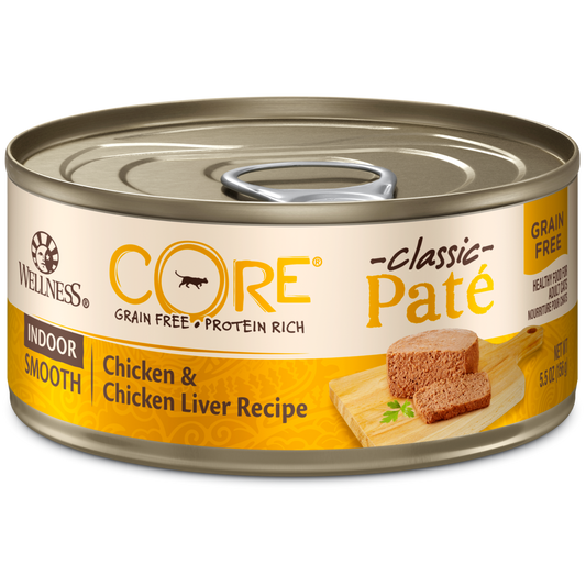 Wellness Premium Canned Cat Food | CORE Grain-Free Formula | Indoor Chicken & Chicken Liver Pate Recipe | 5.5 oz. Cans