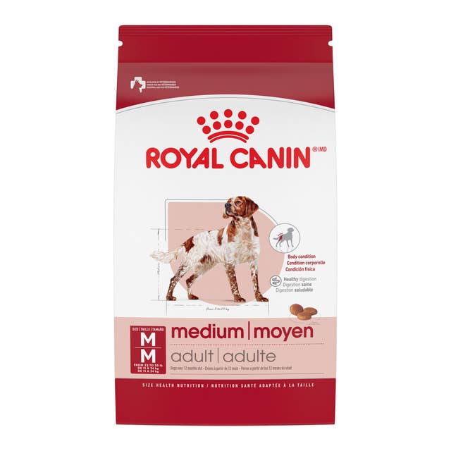 Royal Canin Medium Adult dog food packaging on a white background