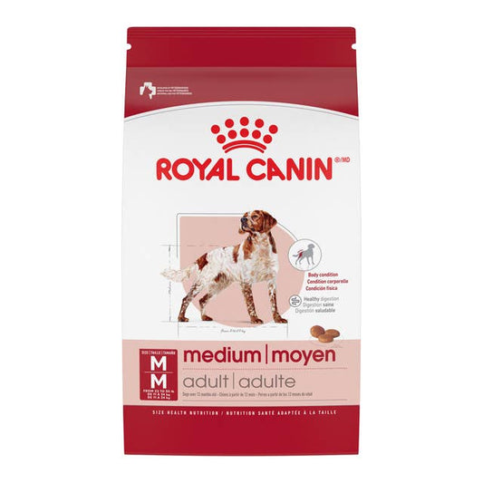 Royal Canin Medium Adult dog food packaging on a white background