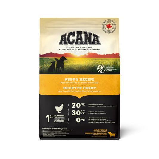 Acana Puppy Recipe dog food package on a white background
