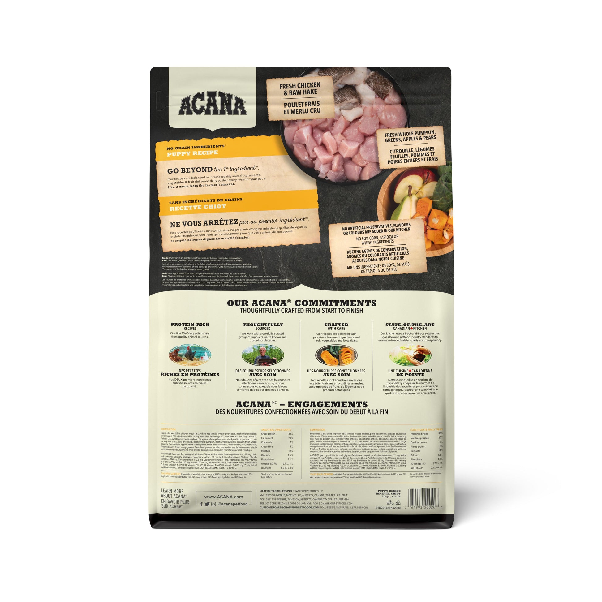 Acana pet food packaging with ingredients and branding on a white background