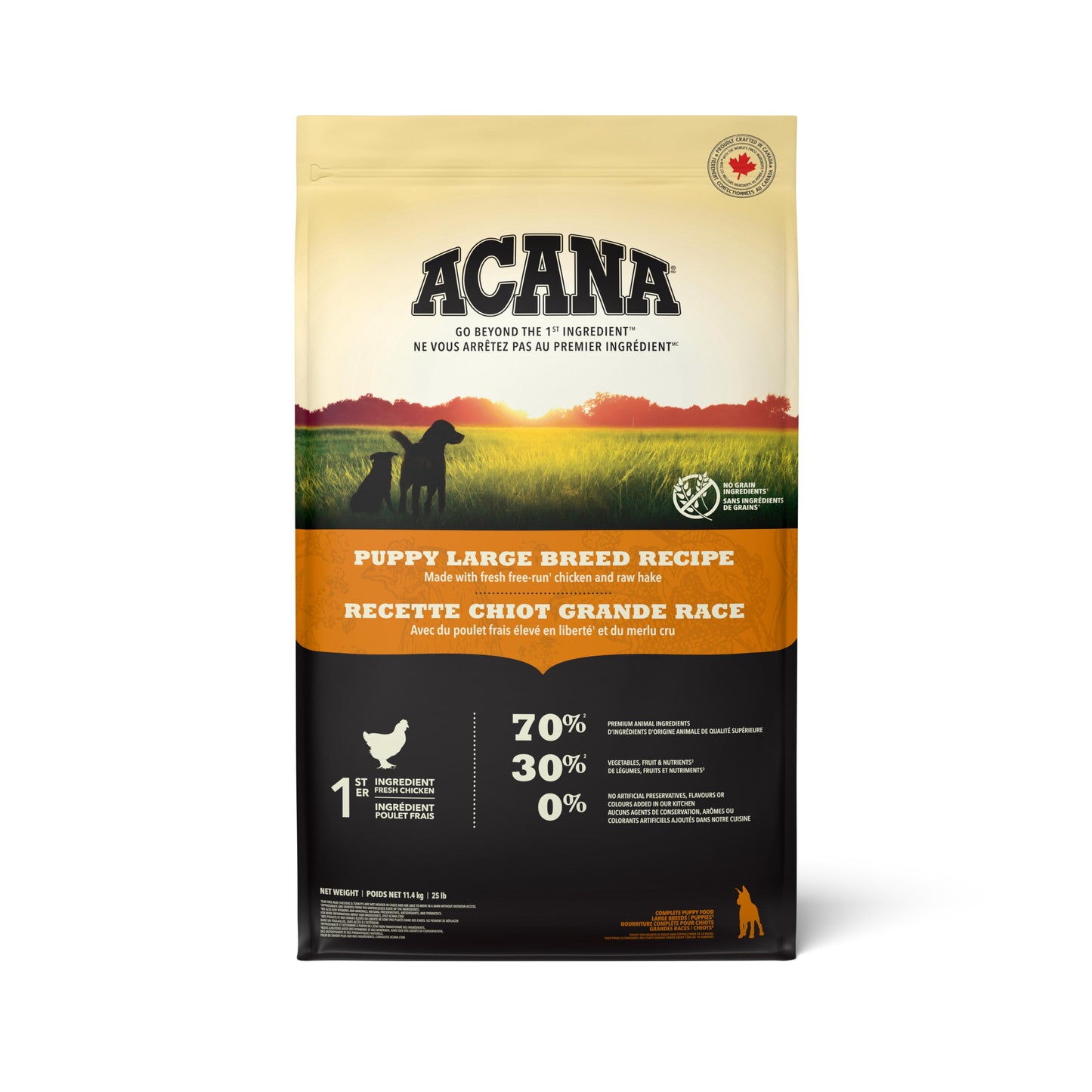 Acana puppy large breed recipe dog food packaging on a white background