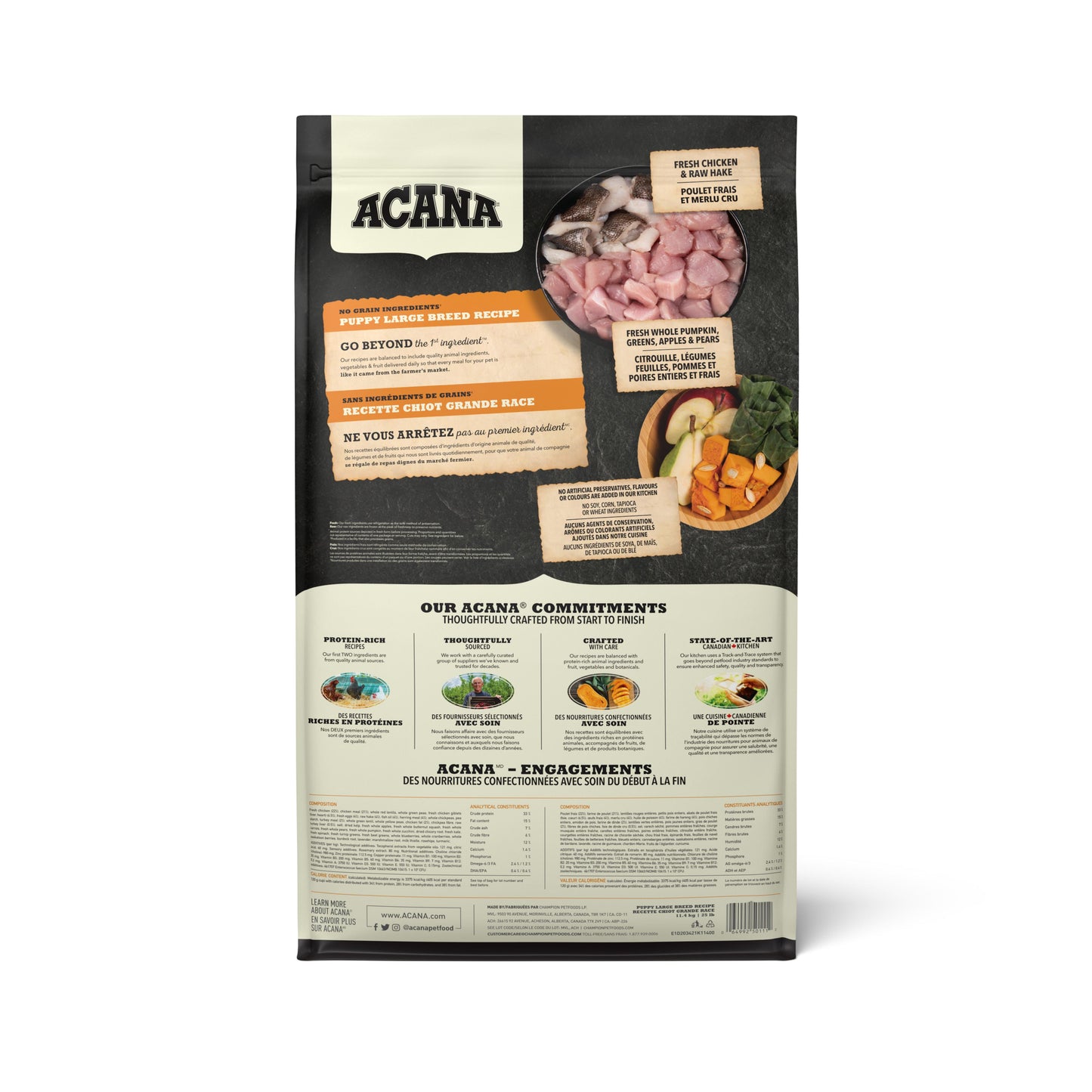 Acana pet food packaging with text and images on a white background