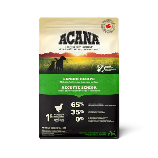 Acana senior recipe dog food package on a white background