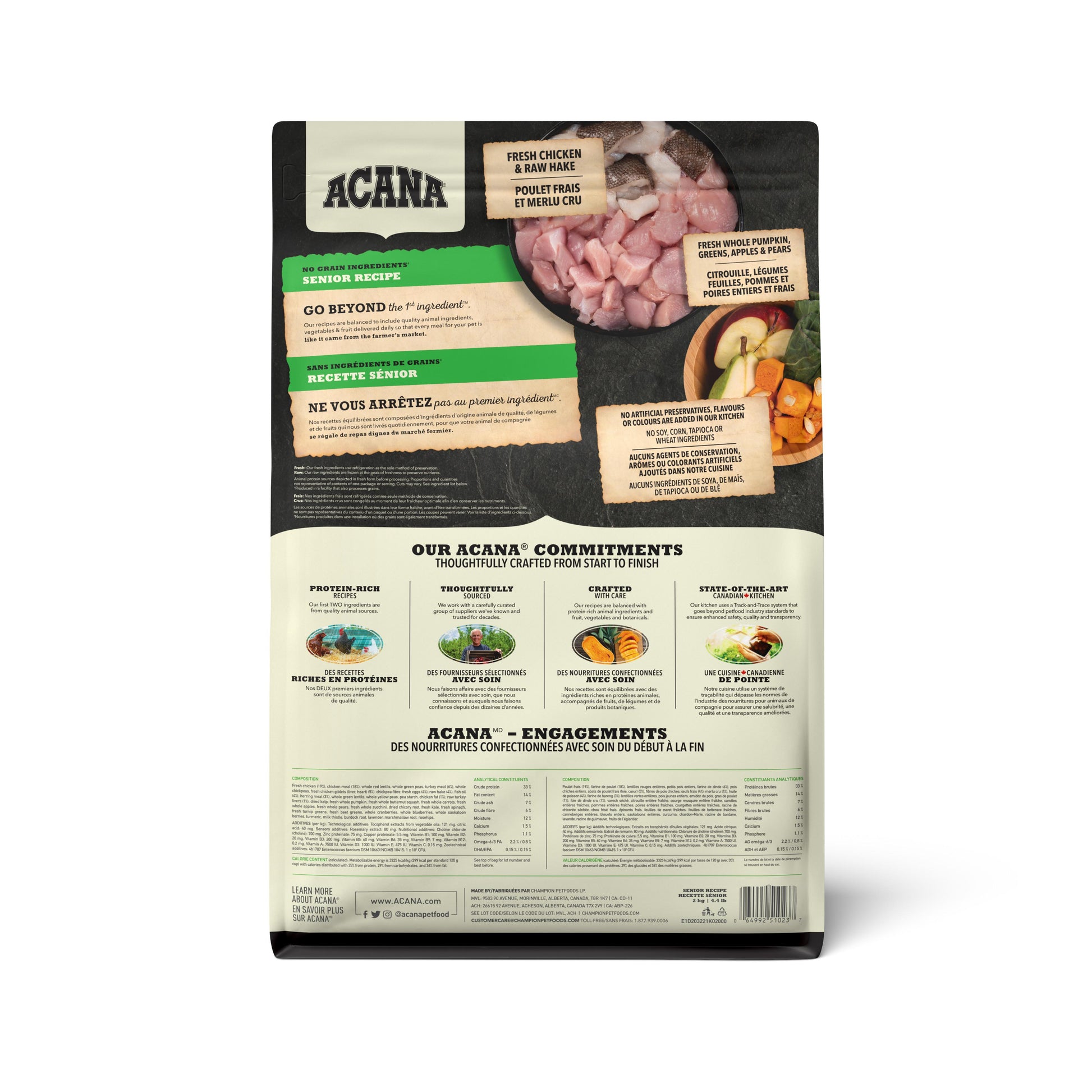 Acana pet food packaging with text and images on a white background