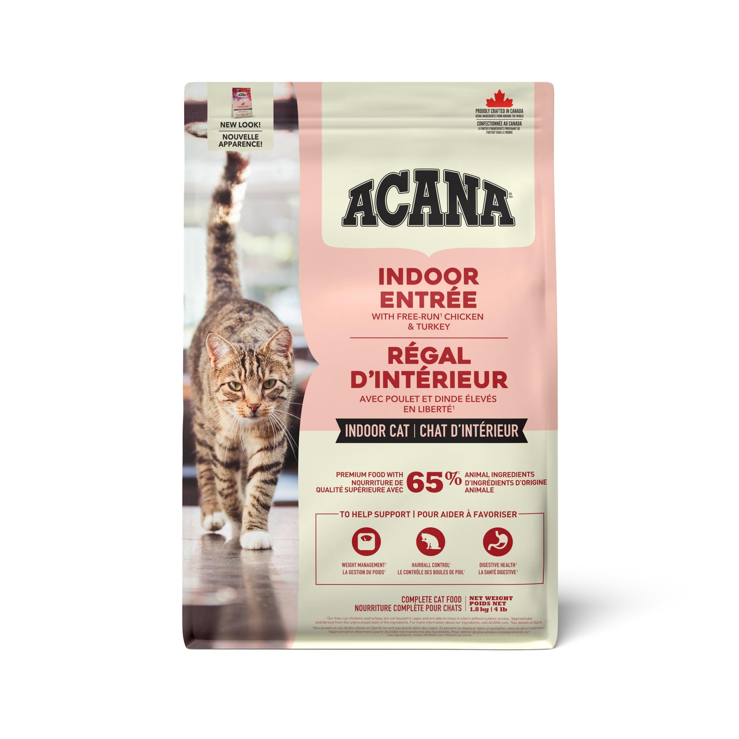 Acana Indoor Entrée cat food package with a cat on a white background
