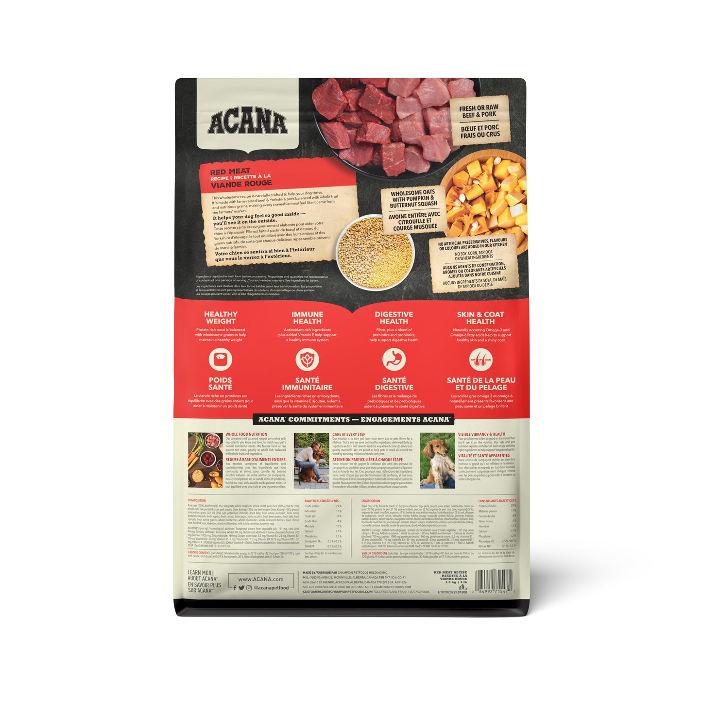 Acana pet food packaging with ingredients and branding on a white background