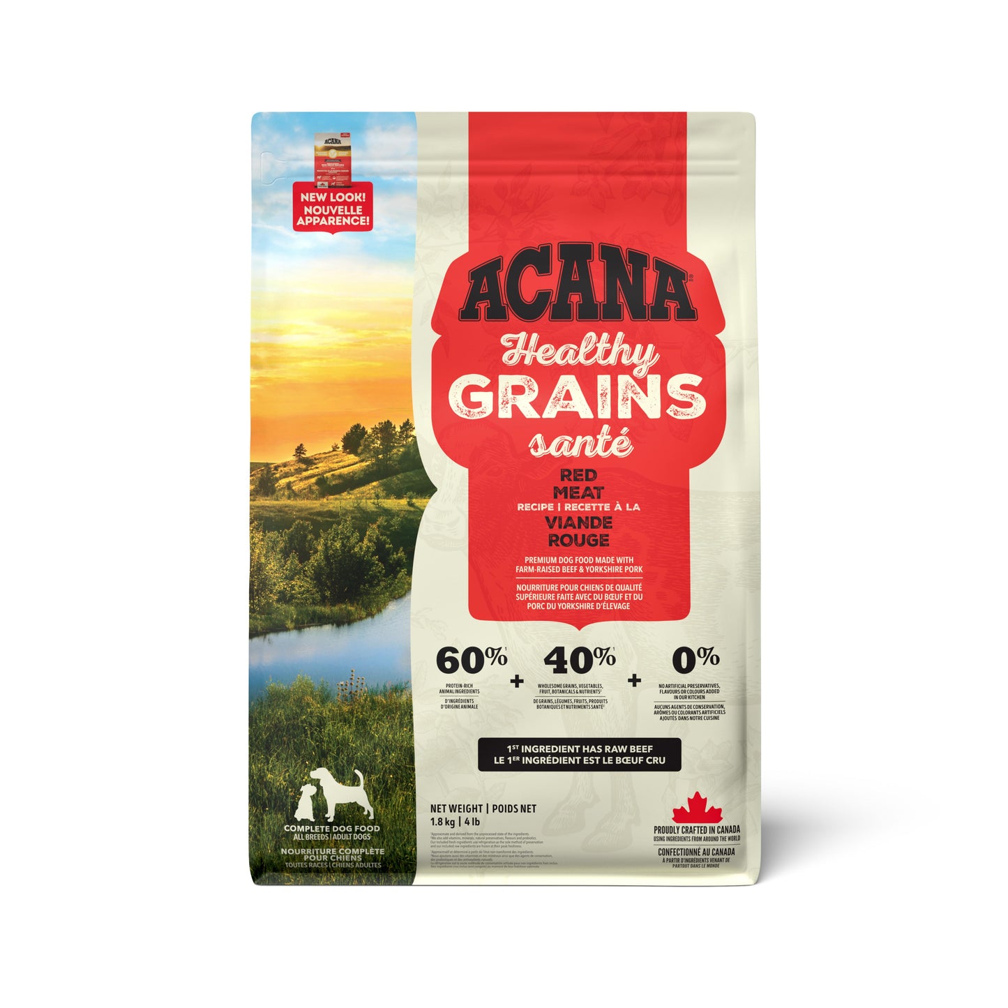 Acana Healthy Grains dog food package with scenic design on a white background