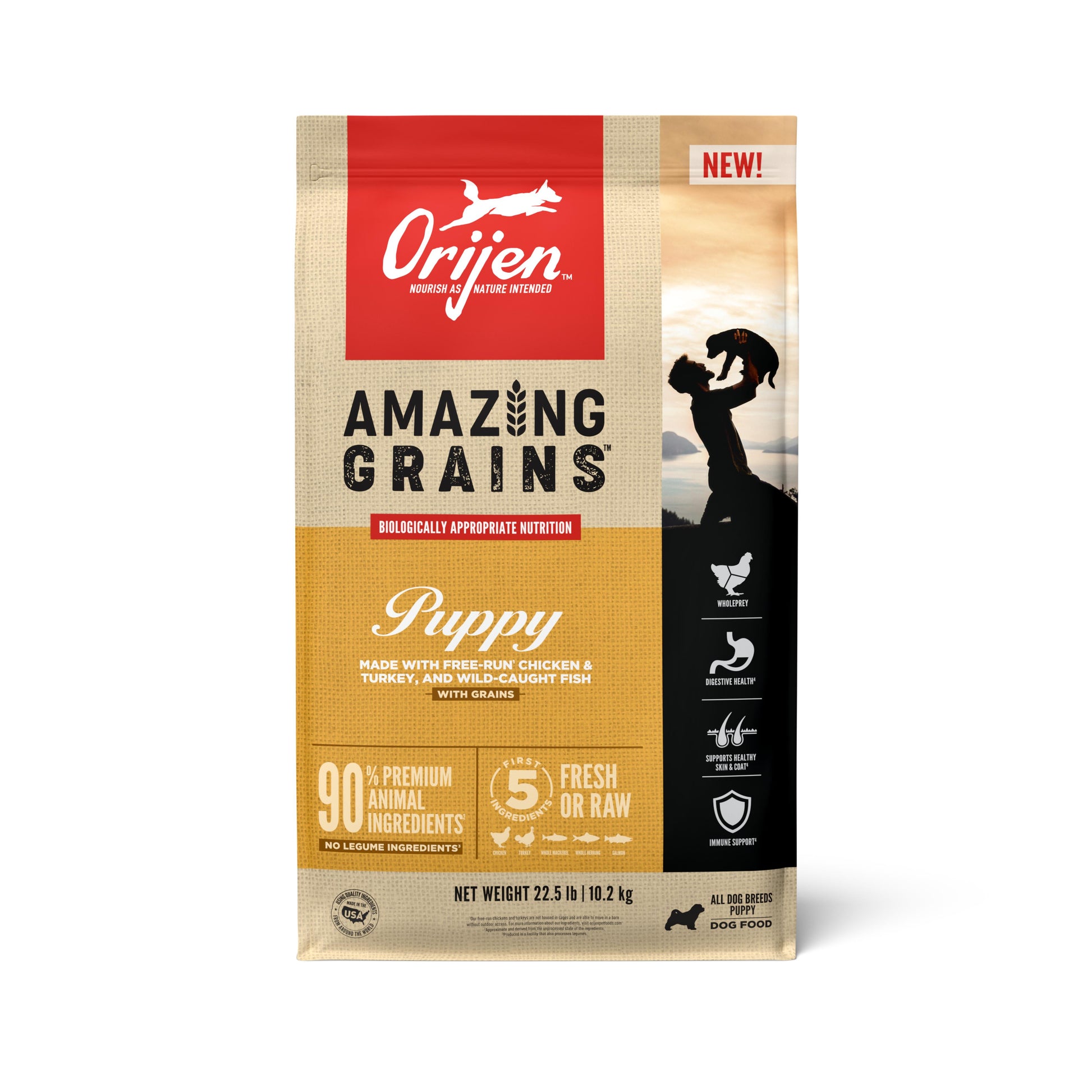 Orijen puppy food package with 'Amazing Grains' text on a white background