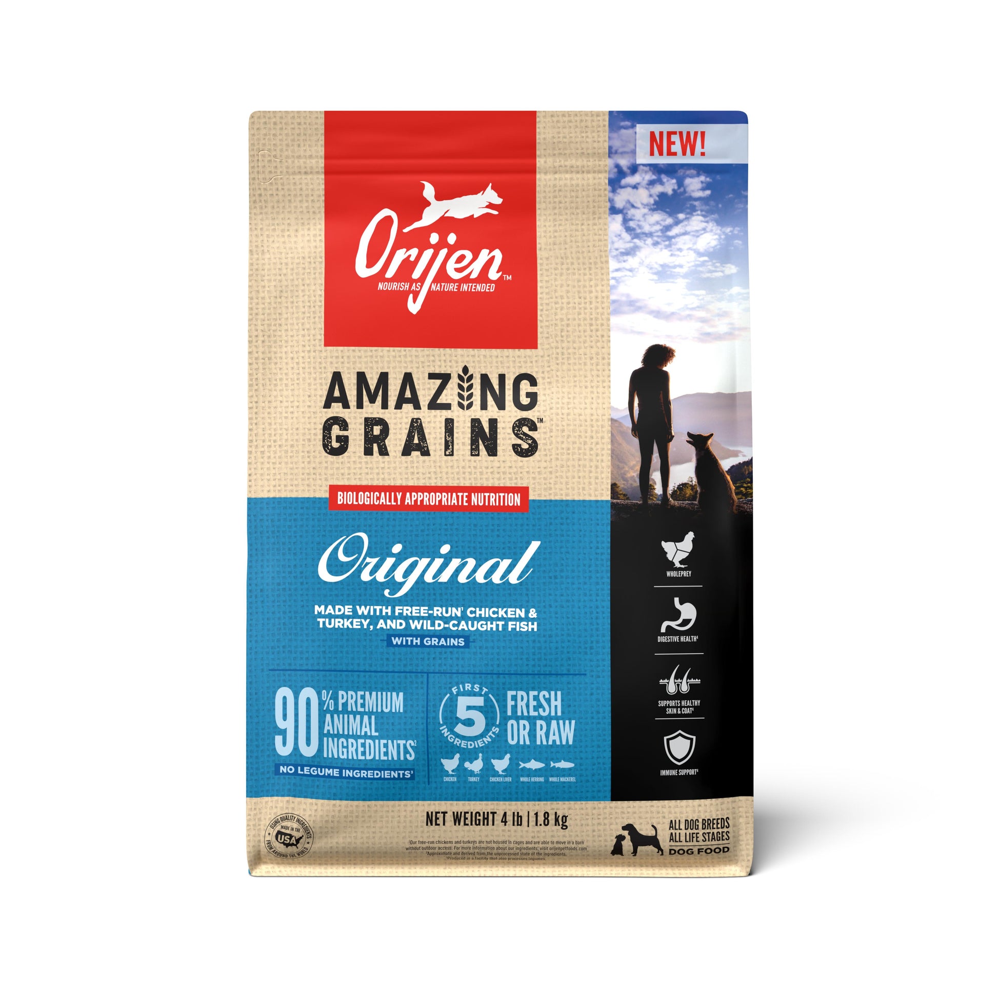 Orijen dog food package with 'Amazing Grains' text on a white background