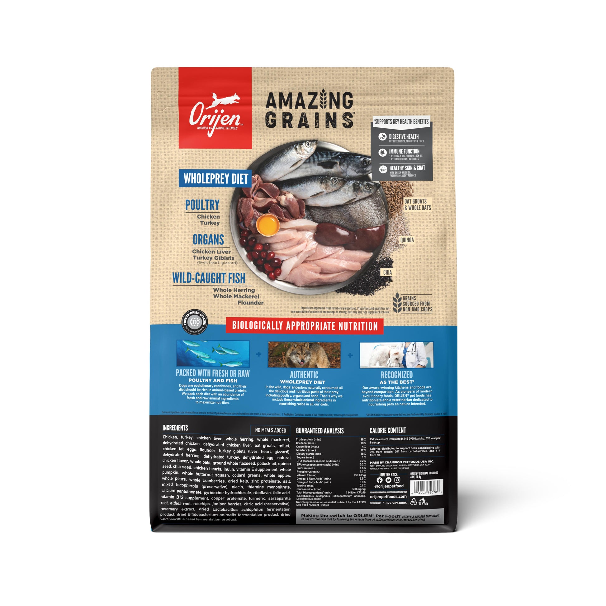 Orijen Amazing Grains Original dog food package with images of fish, meat, and text on a beige and blue background.