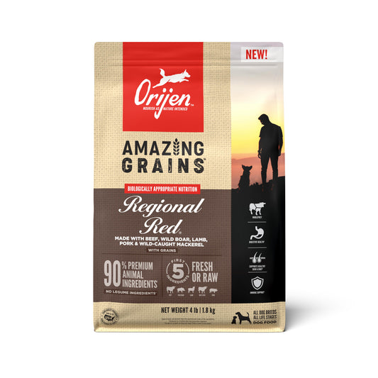 Orijen dog food package with 'Amazing Grains' and 'Regional Red' text on a white background