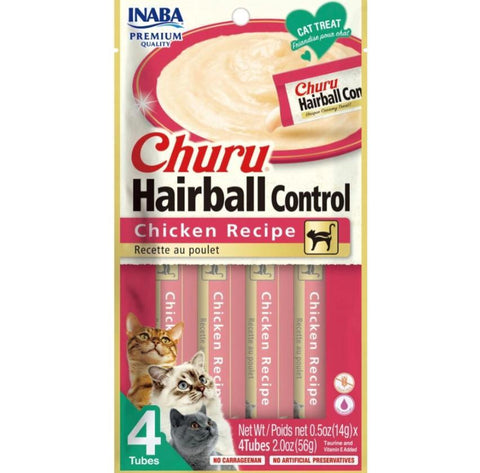 Inaba Churu Premium Cat Treats | Hairball Control | Grain-Free Chicken Recipe | 4 Pack
