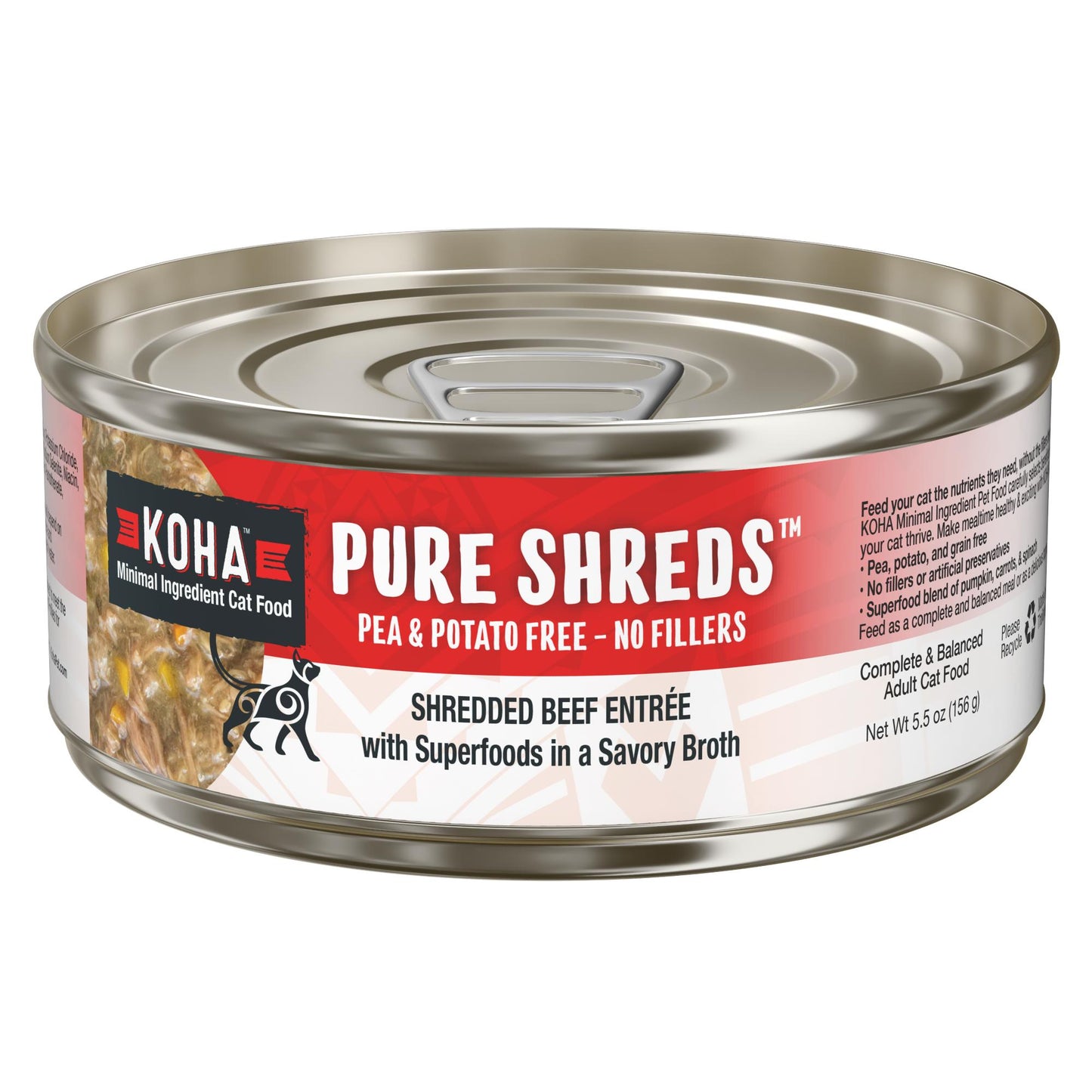 KOHA Pure Shreds Shredded Beef Entrée Grain-Free Wet Cat Food | 5.5 oz Can