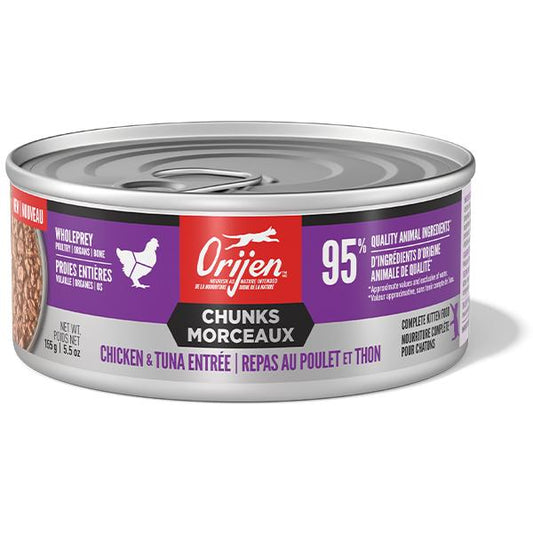 ORIJEN Premium Wet Cat Food | Chunks & Shreds Chicken & Tuna Entrée for Kittens | 5.5oz Can