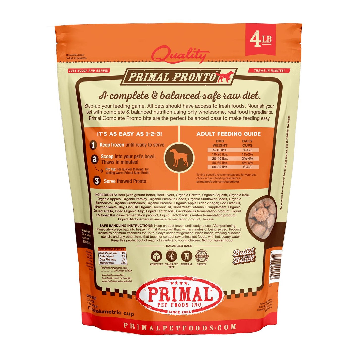 Primal Premium Raw Frozen Dog Food | Primal Pronto Beef Formula | 4 lb Bag