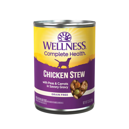 Can of Wellness Complete Health Chicken Stew with Peas & Carrots on a white background