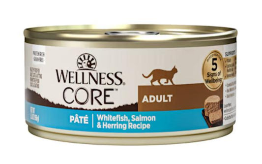 Can of Wellness Core Adult cat food with whitefish, salmon, and herring recipe on a white background