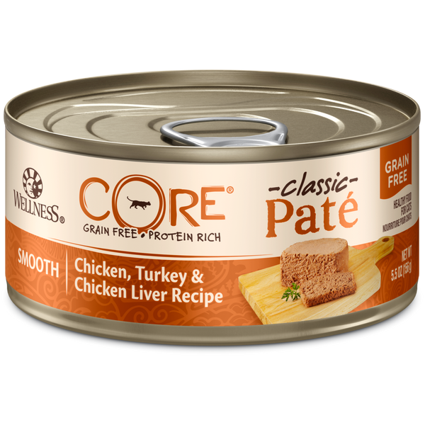 Wellness Premium Canned Cat Food | CORE Grain-Free Formula | Chicken, Turkey & Chicken Liver Pate Recipe | 5.5 oz. Cans