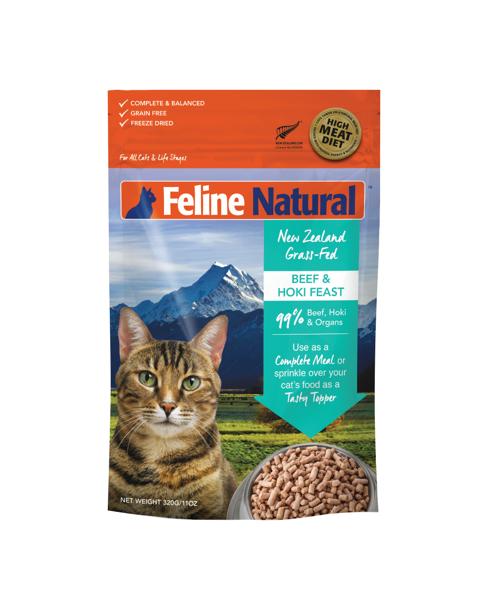 Feline Natural Freeze-Dried Premium Cat Food | Grain-Free Formula | New Zealand Grass-Fed Beef & Hoki Feast | 320g Pack