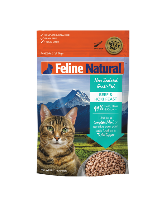 Feline Natural Freeze-Dried Premium Cat Food | Grain-Free Formula | New Zealand Grass-Fed Beef & Hoki Feast | 320g Pack