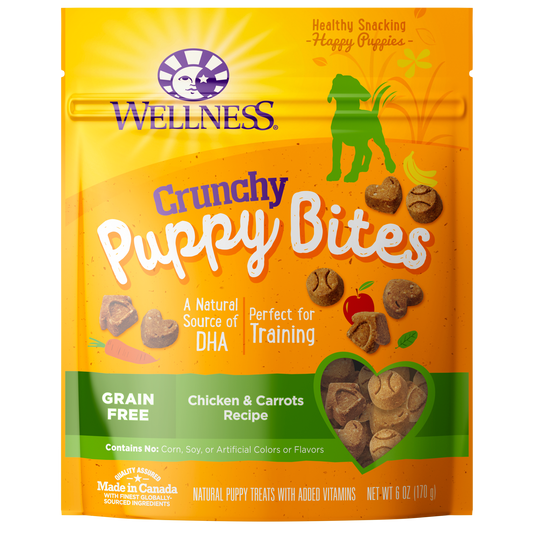 Wellness Premium Puppy Treats | Grain-Free Crunchy Puppy Bites | Chicken & Carrots Recipe | 85 g Pouch