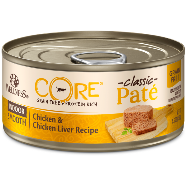 Wellness Premium Canned Cat Food | CORE Grain-Free Formula | Indoor Chicken & Chicken Liver Pate Recipe | 5.5 oz. Cans