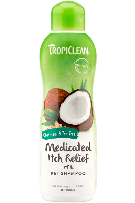 TropiClean Medicated Itch Relief Oatmeal & Tea Tree Dog and Cat Shampoo | 20 oz Bottle